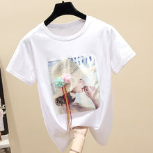 Load image into Gallery viewer, White T-shirt Womens Short Sleeved Summer Wear New Korean-style INS Fashion Cool Girl's Crew Neck Printed Beads Tops T-shirt T
