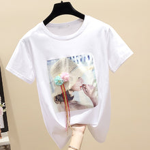Load image into Gallery viewer, White T-shirt Womens Short Sleeved Summer Wear New Korean-style INS Fashion Cool Girl's Crew Neck Printed Beads Tops T-shirt T
